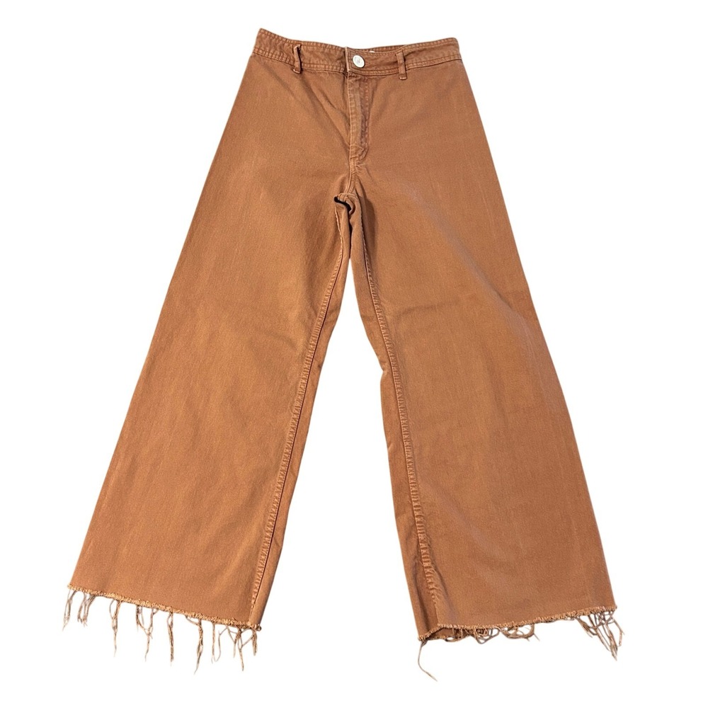 Zara Wide Leg Jeans Womens 8 Brown The Marine Premium Denim Raw Hem 30x29
